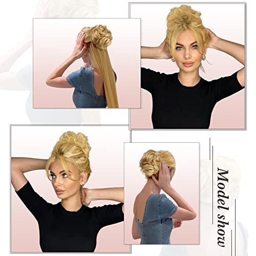 RUWISS Claw Clip Messy Bun Hair Piece Real Human Hair Buns Wavy Curly Chignon Hair Bun Extensions Tousled Updo Hair Buns Claw Clip Ponytail Hairpieces - Brown with Blonde Highlights