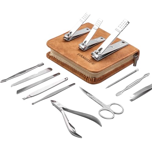 FAMILIFE Manicure Set, Nail Professional Kit Manicure Kits Nail Clipper Sets, 13PCS Stainless Steel Pedicure Sets Mens Grooming Tool, with Brown Leather Travel Case for Men