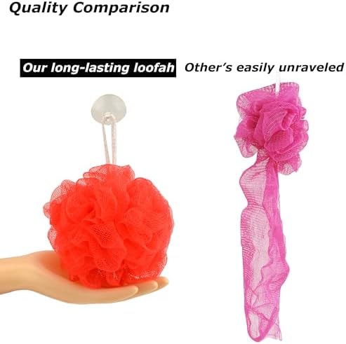 Star Brand Long Lasting Bath Sponge 6 Counts | 60g Heavy Bath Mesh Pouf with Suction Cup | Big Shower Sponge and Loofahs | Holding Up Bathing Exfoliator and Body Scrubber