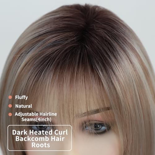 RENERSHOW Layered Blonde Bob Wigs for White Women with Bangs Straight Short Hair Wig Synthetic Ombre Blonde Highlight Bobo Haircuts Natural Daily Party Wig