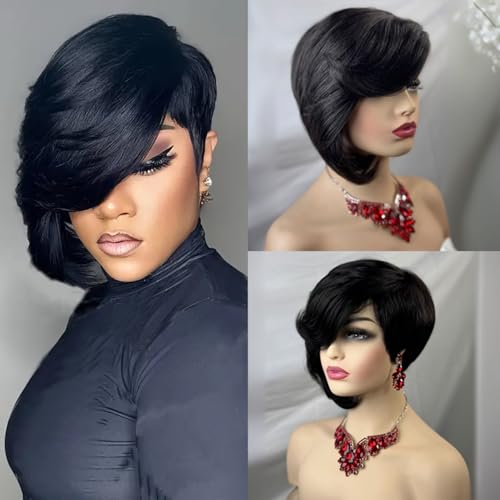 PangDongLai 10A Pixie Cut Wigs for Black Women Model Length Chic Elegent Short Layered Pixie Haircut Wigs With Bangs Brazilian Virgin Human Hair Natural Black 1b Color