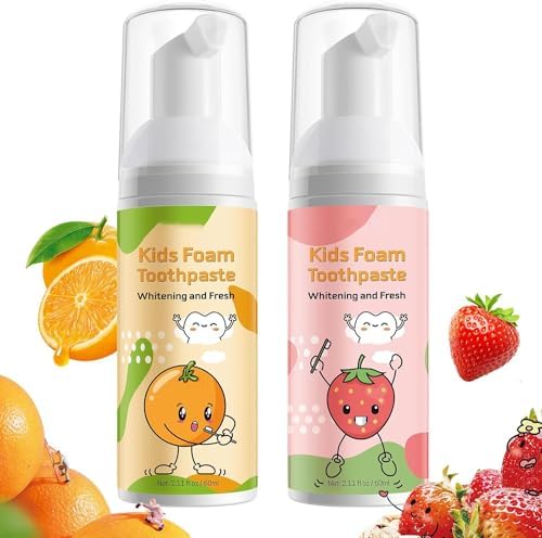 Foam Toothpaste for Kids, U Shape Toothbrush Compatible, Travel Friendly, Deeply Cleaning Gums, Oral Care, 2PCS x 60ml (Strawberry & Orange)