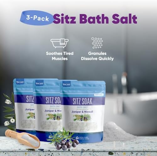 Sitz Bath Salt (3 Pack with Bamboo Scoop) Hemorrhoid Soothing Sitz Soak USP Grade Epsom Salt 3 Pouches 6 Lbs Total with Pure Essential Oils in BPA Free Pouch with Easy Press Seal Made in USA