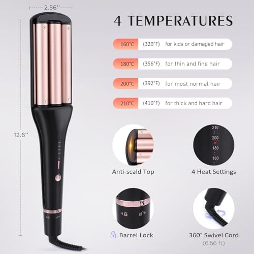 Crimper Hair Tool with 3 Ceramic Barrels, Beach Waves Curling Iron 3/4 & 1 & 1 1/4 Inch, Deep Waver with 4 Heat Settings, Adjustable Curling Wand for Long Hair Women, Dual Voltage