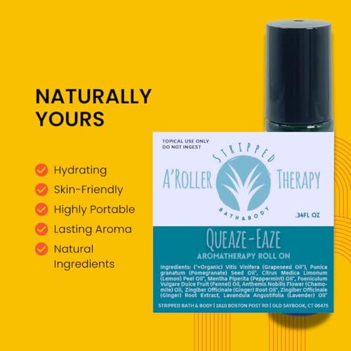 Stripped Bath & Body Queaze Eaze Essential Oil Roll On | Stomach Support Essential Oil Blend with Ginger, Lemon, Peppermint, and Fennel – Skin-Friendly Carrier Oils | Stocking Stuffer Gift