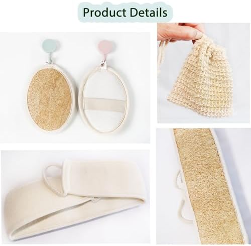 Natural Loofah and Sponge Set, Back Scrubber for Shower with Soap Bag. Body Exfoliating Loofah Sponge for Women and Men, 3-pcs