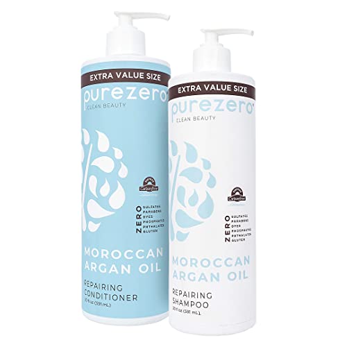 Purezero Moroccan Argan Oil Shampoo & Conditioner set - Repair Damaged Hair - Fight Dandruff & Frizz - Zero Sulfates, Parabens, Dyes, Gluten - Vegan & Cruelty Free (20 FL Oz (Pack of 2))