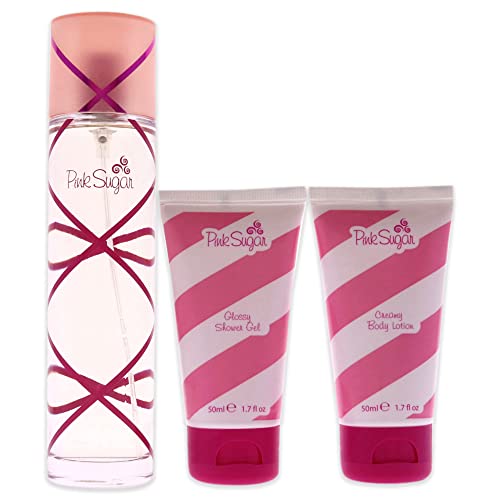 Aquolina Pink Sugar Candy Magic Women 3.4oz EDT Spray, 1.7oz Glossy Shower Gel, 1.7oz Creamy Body Lotion 3 Pc Gift Set