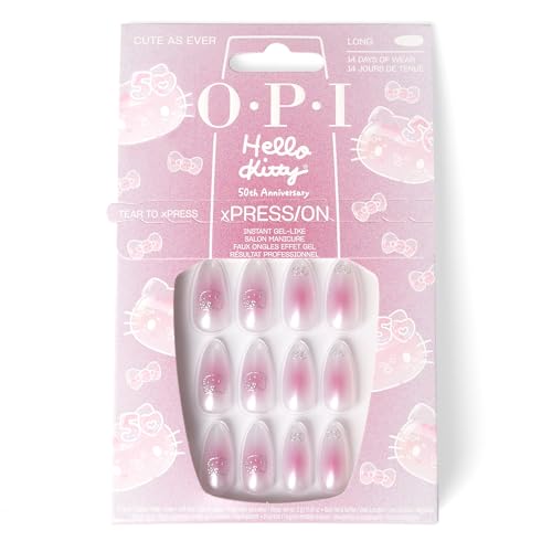 OPI xPRESS/ON Press on Nails | Long Almond Shape Nail Art | 30 Count With Glue | Instant Gel-Like Salon Manicure | Hello Kitty Limited Edition Collection