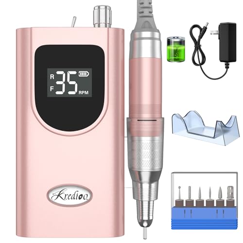 Kredioo Nail Drill, 35000RPM Nail Drills for Acrylic Nails Professional Cordless Electric File Rechargeable Portable Machine 6 Bits Dremel Tools for Women Manicure Pedicure Remove Gel Polish