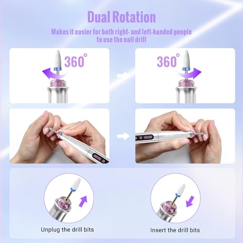 Cordless Electric Nail Drill Machine, 13 in 1 Nail File Kit 35000RPM Professional Portable Rechargeable E File for Acrylic Polish Gel Removal Manicure Pedicure Set with 5 Speeds DN-2402