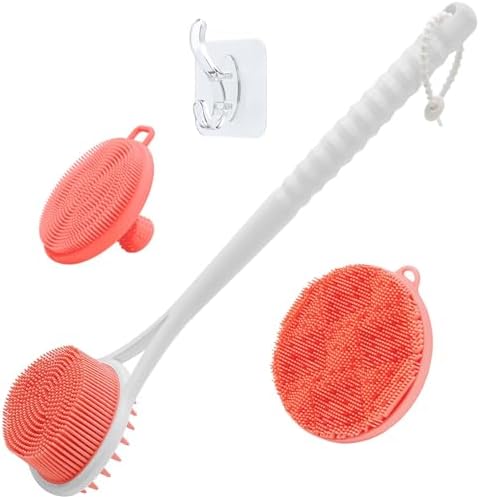 Silicone Face/Body/Back Scrubber Set, 15.35’’ Soft Back Scrubber for Shower with Dual-Side Brush Head, Silicone Body Scrubber Facial Scrubber with Dense Bristles and Non-Slip Handle(Pink-3PCS)