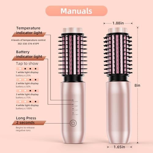Cordless Curling Iron Brush, 1.5 Inch Mini Travel Hair Curler with 200 Million Negative Ions, Portable Heated Round Straightener Brush Rechargeable for Curl, Touch-Up, De-Frizz, Styling, Rose Gold