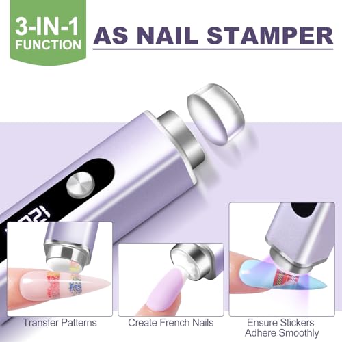 NXJ INFILILA Handheld UV Light for Gel Nails, 3-in-1 Mini Nail Lamp with Magnets＆Nail Stamp Portable Rechargeable Cordless for Home DIY Manicure(Purple)