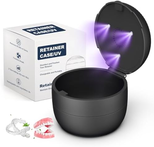 Denture Case Retainer Case,Multipurpose Retainer Cleaning and Store Case with Light & Fan Functions,All-in-one Denture Bath Box Cup for Soaking and Storing Full & Partial Dentures