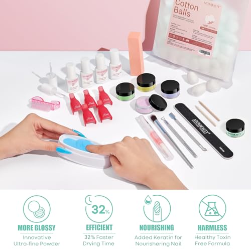 AZUREBEAUTY 170Pcs Dip Powder Nail Kit, 36 Color Neon Bright Blue Yellow with Dipping Powder Base/top Coat Activator Liquid Set & Removel Kit for French Nail Art Salon DIY Home