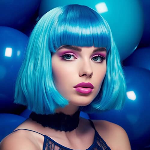 Short Bob Wig, 4 Pieces Colorful Wigs, 12" Cosplay Wigs with Flat Bangs, Neon Colored Wig for Women Party Favors Bachelorette Party Night Club with Extra Wig Cap