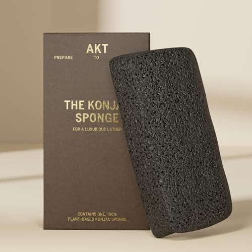 AKT The Konjac Sponge, Plant-Based Shower Sponge with Activated Charcoal, Exfoliating Body Sponge for Sensitive Skin, Natural, Shower Scrubber, Compostable Sponge, Bath Essential