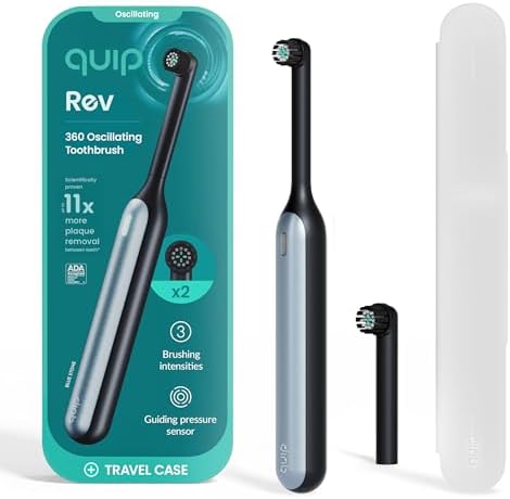 Quip Rev 360 Oscillating Rechargeable Electric Toothbrush with Extra Brush Head - Soft Bristles, Pressure Sensor, 3 Intensities, 30-Day Battery Life, Travel Case, Mirror Mount - Blue Stone