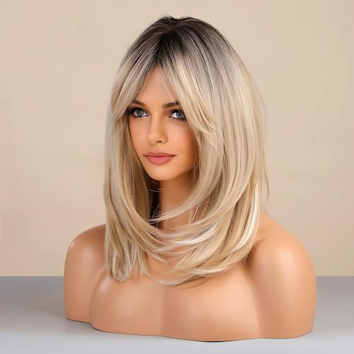 Long Layered Blonde Wigs for Women Synthetic Hair Wig with Bangs Natural Wavy Heat Resistant Wigs for Daily Party Use
