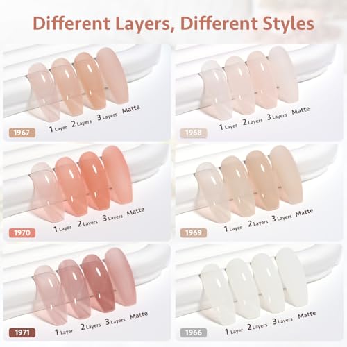 GAOY Milky Jelly Nude Gel Nail Polish Set, 6 Transparent Colors Sheer White Pink Soak Off UV Light Cure Gel Polish Kit for Salon and Nail Art DIY at Home