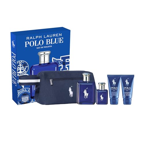 RALPH LAUREN FRAGRANCES Polo Blue Eau de Toilette - Men's Cologne Gift Set- Aquatic & Fresh - With Citrus, Sage, and Suede - Contains Full Size & Travel Size Fragrances, Aftershave, Hair Body Wash, Pouch