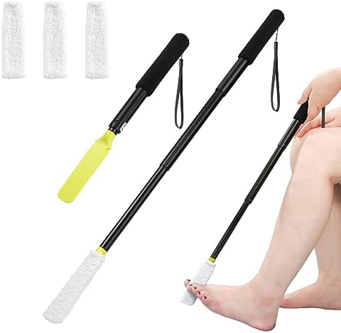 Toe Cleaning Brush,Foot Brush with Reusable Drying Covers.Foot Scrubber with Telescopic Aluminum Alloy 12"-24",Long- Handled Toe Lotion Applicator for Seniors,Elderly, Disabled Men and Women