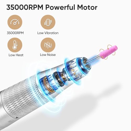 Upgrade Pro Nail Drill | Diamond Shine| 35000RPM High Tech Acrylic Fast Removal Electric Nail File | 6 Nail Drill Bits | Nail Tech Salon Use Manicure Pedicure