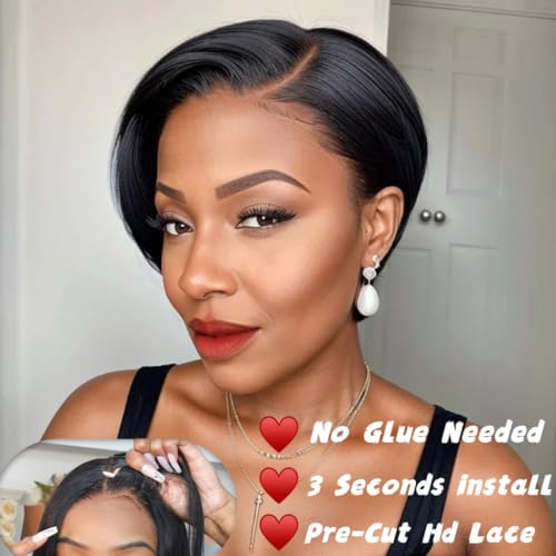 Pixie Cut Wig Human Hair 5X5 HD Lace Straight Wear and Go Glueless Wigs Human Hair Pre Plucked Pre Cut Short Pixie Cut Wigs for Black Women (Natural Color)