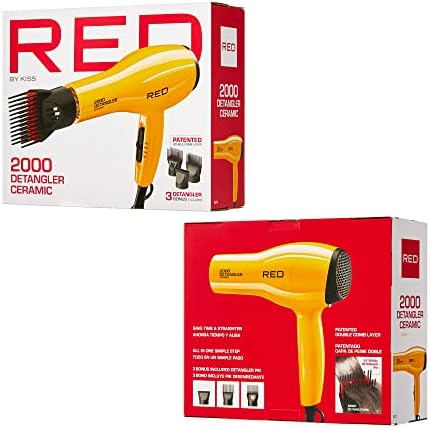 RED by KISS 2000 Ceramic Hair Dryer, Professional Salon Blow Dryer 3 Attachments Included, 2 Detangler Piks, 1 Air Concentrator (Yellow)