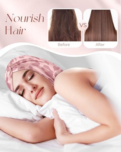 Silk Bonnet for Women - Mulberry Silk Sleep Cap for Hair Care with Eye Mask & Scrunchie 19 Momme Night Cap Sleeping Set with Elastic Stay On Head, Leopard