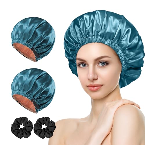 Satin Bonnet & Hair Care Accessories: 2PCS Silk Bonnet for Sleeping Women & Men, Double Layer Hair Bonnet, Adjustable Band for Curly Long Hair; 8PCS Satin Scrunchies & Elastic Hair Ties.