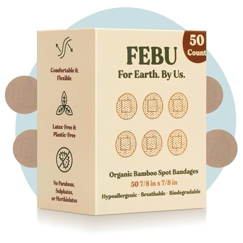 FEBU Eco-Friendly Organic Bamboo Fabric Bandages for Sensitive Skin | PFAS Free Bandages for Scrapes & Cuts | Flexible Latex Free Bandages | Fully Compostable | 50 Count Spot Bandages