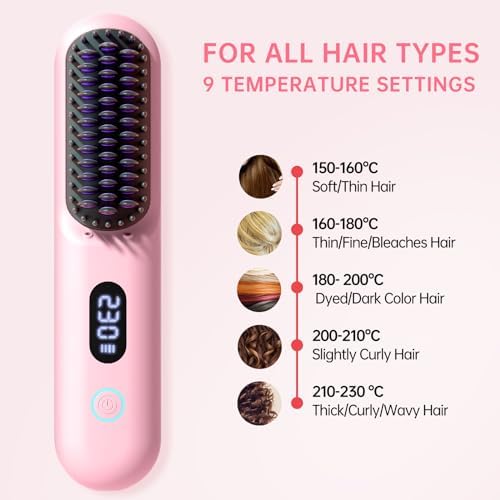Cordless Hair Straightener Brush-Portable Straightening Comb, 9600mAh Batt, Plasma Tech, 9 Temp-Settings & LED Display, for Travel & Home(Pink)