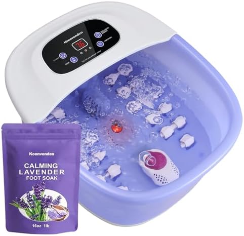 Foot Spa Massager with Heat, Bubbles & Vibration, 22 Rollers, Red Light, Adjustable Temp - Includes Lavender Epsom Salt - Purple