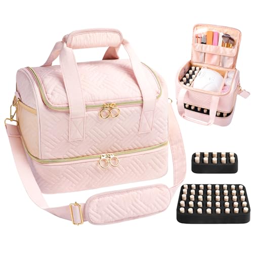 Nail Polish Organizer Bag Holds 50 Bottles (15ml/0.5fl.oz)& Nail Lamp, Soft Velvet Nail Kit Storage Carrying Case with Shoulder Strap, Double Layer Nail Supplies Organizer Handbag Women (Pink)