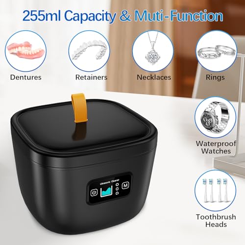 Retainer Cleaner Machine - 255ML Ultrasonic Denture Cleaner for Aligner Mouth Guard Toothbrush Ring Diamond, 45kHz LED Light Sonic Cleaning Machine for Jewelry, Dental Appliances