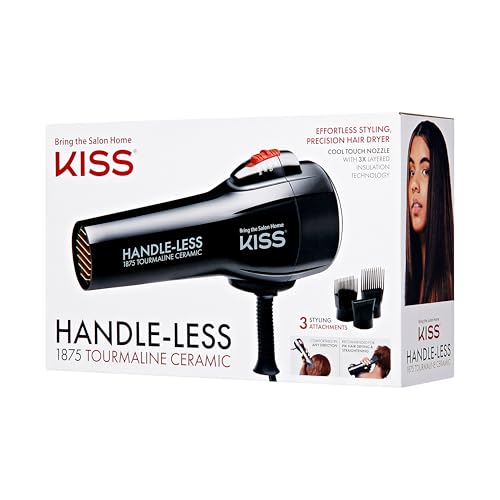 KISS Handle-Less 1875W Ceramic Tourmaline Hair Dryer, Effortless Styling Precision Blow Dryer, Cool Touch Nozzle, Triple-Layer Heat Insulation, Heat Resistant Cap, 3 Styling Attachments, Up to 450°F