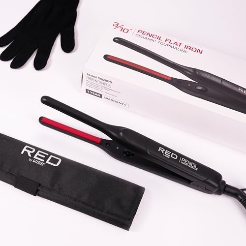 Red by Kiss Pencil Flat Iron up to 450°F Thin Small Tourmaline Ceramic Plate 0.3 inch (3/10") for Women and Men, Short to Medium Hair, Pixie Cut, Bangs, Edges.. A Travel Pouch and a Glove Included