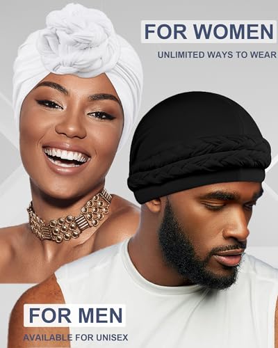 Babalet Halo Turban for Men Women Satin Lined Durag Skull Cap Pre-Tied Handmade Braids Tail Beanie Sleeping Bonnet,Black/White,2PCS