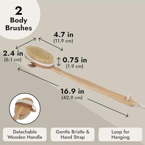 Juvale 2-Pack Detachable Dry Brushing Body Brush - Long Handle Back Brush for Showering and Dry Brushing, 16.9 Inches - Back Scrubber for Shower