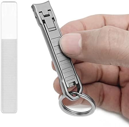 Nail Clippers for Natural Finger Nails Ultra Thin Mini Travel Portable Folding Wide Jaw Cutter with Glass Nail File Curved Trimmer for Fingernail Toenail, with Keychain(X021DB-S)