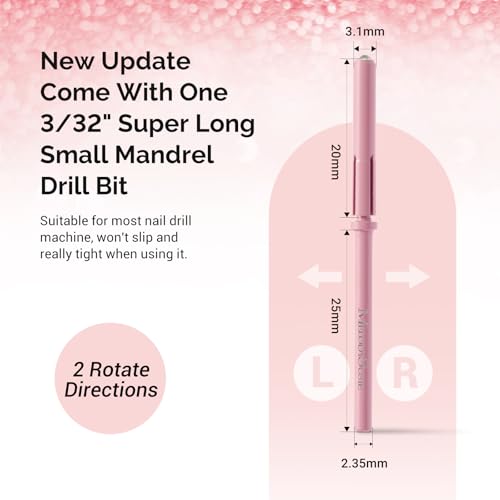 MelodySusie 50 Pcs Nail Drill Bits Super Long Small Sanding Bands with 3.1mm Crystal Mandrel Bit, 180 Fine Grit Nail File for Acrylic Nails Gel Manicures and Pedicure, Pink