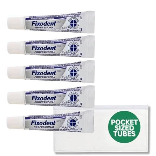 Fixodent Dental Adhesive Cream 10g Pocket Sized Travel Sized Tubes, TSA-Approved Travel Sized Denture Adhesive w/ 1 Travel Zipper Pouch (Pack of 5 Tubes)