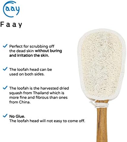FAAY 17 Inch Natural Exfoliating Loofah Back Scrubber On a Stick with Luffa Sponge Pads Refills – Long Handle Loofa Body Bath & Shower Brush for Men & Women