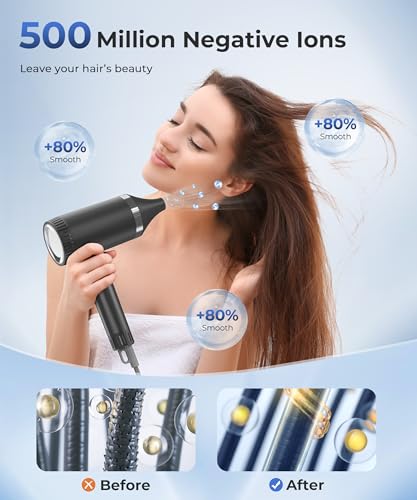Hair Dryer, 100,000 RPM High-Speed Blow Dryers for Women & Men, Fast-Drying, 500 Million Negative Ions, Heat-Control, Low-Noise with Diffuser & Nozzle, Compact Foldable for Home Travel Use