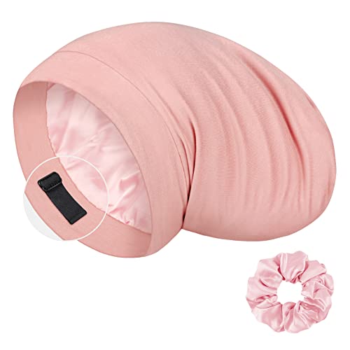 LULUSILK Mulberry Silk Bonnet for Sleeping Women, Real Silk Sleep Cap for Curly Hair and Braids, Pure Head Wrap with Scrunchies, Pink