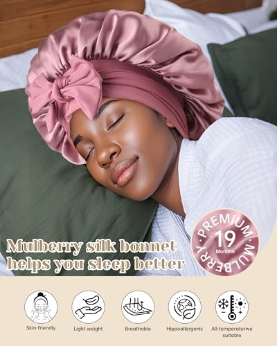 AWAYTR 100% Mulberry Silk Hair Bonnet for Women Sleeping with Tie Band 19 Momme Silk Sleep Cap Night (US, Alpha, One Size, Pale mauve)