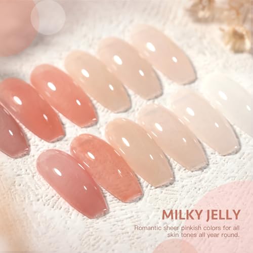 GAOY Milky Jelly Nude Gel Nail Polish Set, 6 Transparent Colors Sheer White Pink Soak Off UV Light Cure Gel Polish Kit for Salon and Nail Art DIY at Home