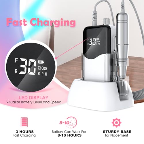 Nail Drill, Portable Rechargeable Tool Kit with 35000RPM Electric Nail File and LED Display for Manicure, Pedicure, Salon, Home, DIY (White)